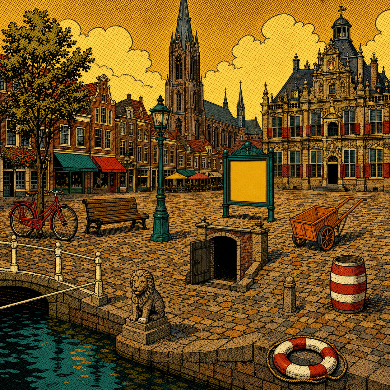 Doorlopende popartscène van Delftse Markt